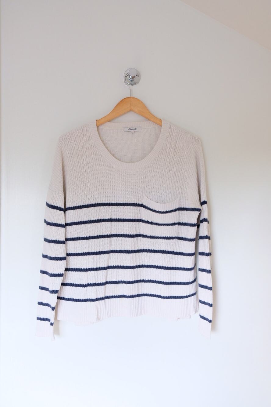 Madewell Striped Sweater Cream Navy Nautical Crewneck Cottagecore Fisherman Med